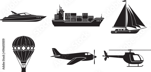 Black and white of various transportation modes including air sea and land vehicles airplane