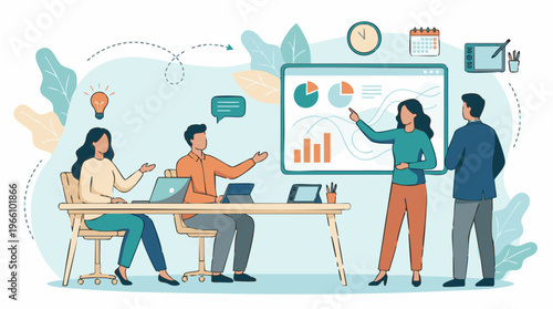 Team collaboration: Business presentation, data analysis, and idea generation