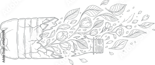 Black and white illustration depicting a shattered plastic bottle releasing blooming tulips and leaves symbolizing ecological renewal and nature's power.