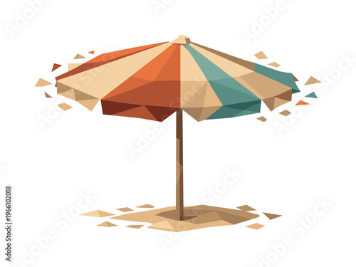 Low-poly vector illustration of a beach umbrella stabilized after opening, wide geometric canopy fully extended with crisp