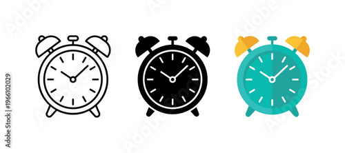 Collection of alarm clock icons in outline, solid black, and flat design styles