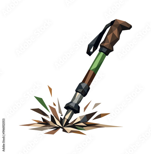 Low-poly vector illustration of a hiking pole firmly planted into the ground, faceted trekking pole angled forward with sharp