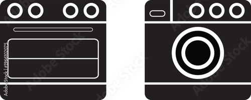 Minimalist line art illustration of a modern electric range and washing machine set in black and white
