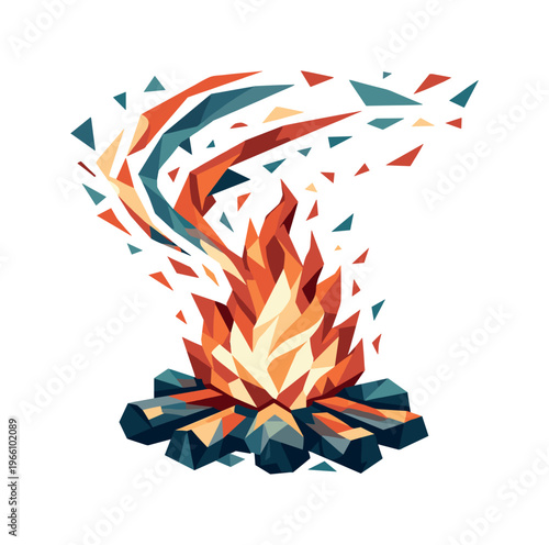 Low-poly vector illustration of a campfire blazing strongly with sparks swirling rapidly above it, sharp faceted flame geometry