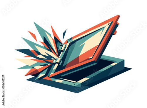 Low-poly vector illustration of a storm shelter door rapidly opening under urgency, angular metal door panel flung outward while