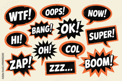 Comic style speech bubbles with exclamation points and stars in orange and black