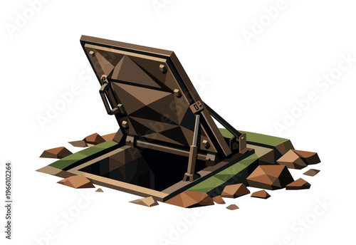 Low-poly vector illustration of a storm shelter door stabilized in an open position, bold faceted metal door angled outward with