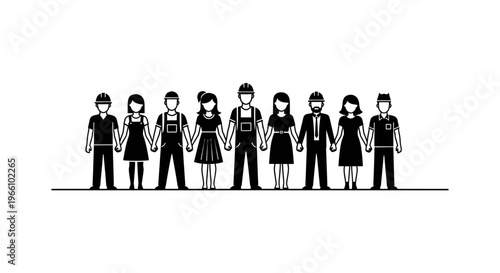 1 may, may day, Labor day icons representing international workers, silhouette of diverse workers holding hands in solidarity, vector