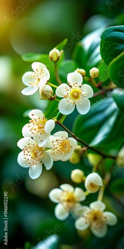 Honeysuckle flowers bloom in a garden surrounded by lush green leaves. Soft light highlights the delicate petals on a sunny day. This scene shows the beauty of nature Generative AI