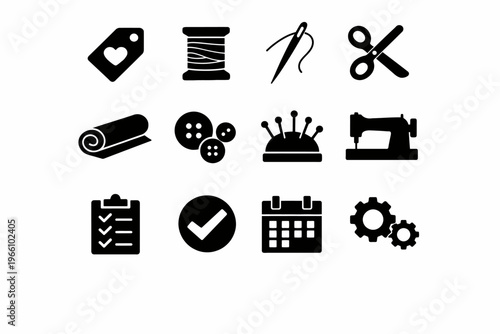 Sewing and crafting icons: thread, needle, scissors, buttons, sewing machine, calendar, checklist