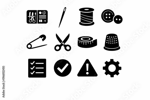 Sewing tools and symbols: needle, thread, scissors, thimble, buttons, safety pin