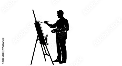 1 may, may day, Labor day icons representing international workers, silhouette of an artist painting on a canvas easel, vector