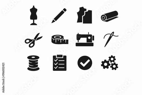 Sewing icons collection: dress form, pencil, fabric, scissors, sewing machine, needle, thread, checklist, gears