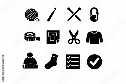 Knitting and sewing tools: yarn, crochet hook, needles, tape measure, scissors