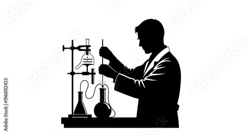1 may, may day, Labor day icons representing international workers, silhouette of a scientist doing experiments with flasks in a laboratory, vector