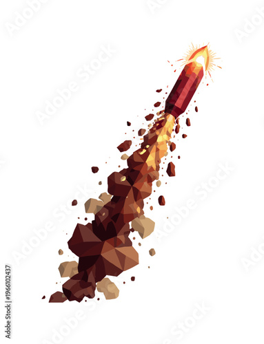 Low-poly vector illustration of a signal flare ascending with sparks dispersing behind it, faceted flare projectile rising upward