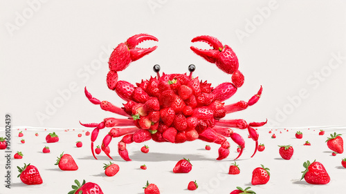 Whimsical 3D Illustration of a Crab Made Entirely of Fresh Red Strawberries Standing on a White Surface with Scattered Berries