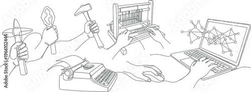 Line art illustration depicts the evolution of human tools and labor from ancient times through modern digital technology interaction