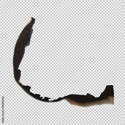 Paper burnt curve stroke, vector realistic charred overlay paper side with black ash isolated on transparent background