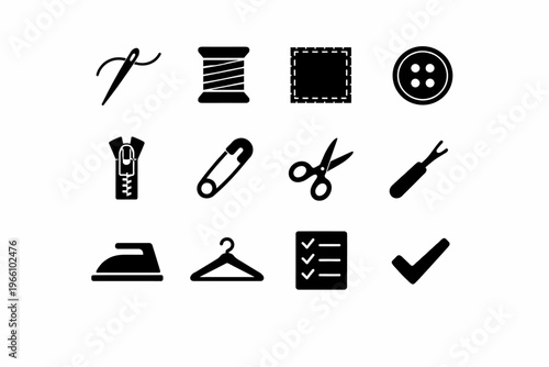 Sewing tools icons: needle, thread, fabric, button, scissors, safety pin, zipper