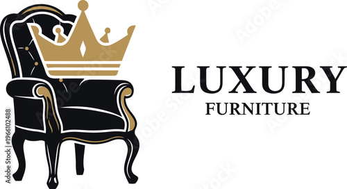 A sophisticated black and gold armchair with a regal crown emblem symbolizing exclusive, high-end, elegant, and luxurious furniture design for premium brands and interior decorators.