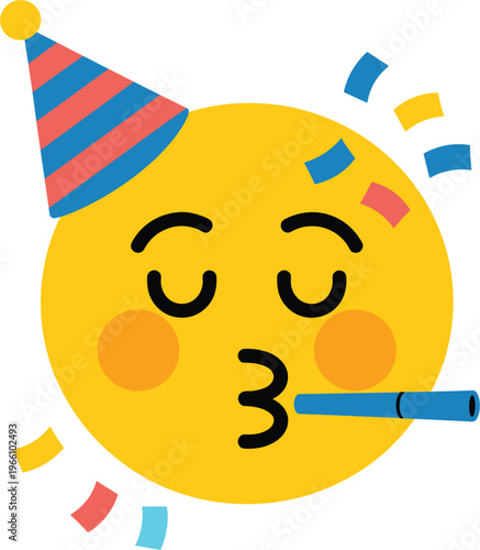 Cute party emoji face with hat and confetti blowing party horn expressing celebration, joy, and festive mood in colorful style