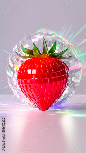 Surreal 3D Illustration of a Red Strawberry Shaped Like a Disco Ball with Mirror Tiles and Vibrant Neon Light Lens Flare