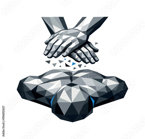 Futuristic CPR Preparation. Low-poly vector illustration of hands positioned above a chest preparing for a CPR compression,