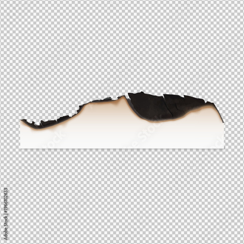 Piece of paper with a burnt edge, vector realistic paper burnt with charred side, cardboard sheet with black ash