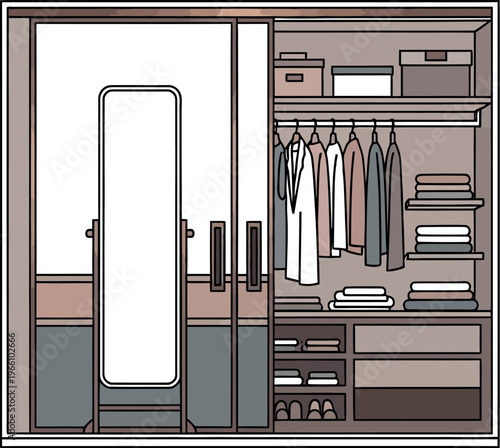 Minimalist illustration of a modern sliding door wardrobe featuring an integrated full length mirror and organized clothing storage space