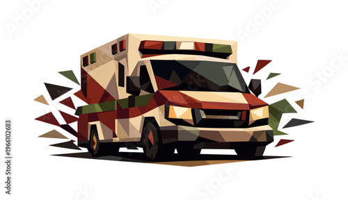Low-poly vector illustration of an ambulance stabilizing after a fast rush, angular emergency vehicle centered with crisp