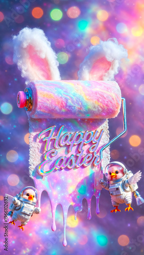 Surreal Cosmic Easter Illustration Featuring a Nebula Paint Roller with Bunny Ears and Cute Baby Chicks in Astronaut Suits Floating in Space