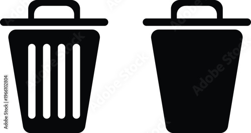 Two black trash cans a minimalist icon set depicting waste disposal containers in a simple graphic style