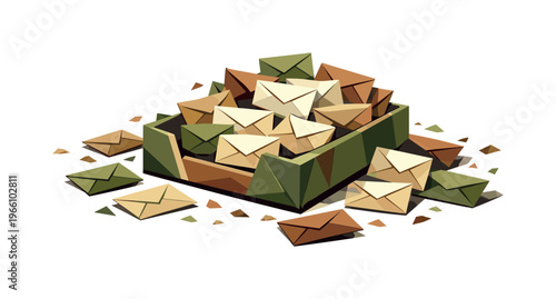Inbox Overflow Chaos. Low-poly vector illustration of scattered envelopes settling around an inbox tray after the overflow burst,