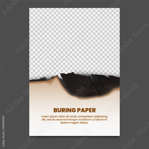 Realistic paper burnt poster bottom, charred paper sheet with scorched edge, ash vector design on transparent background