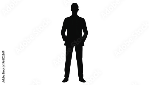 Full-body silhouette of a confident male professional standing upright with both hands resting casually.