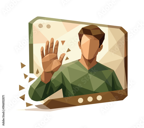 Low-poly vector illustration of a hand lowering after completing a wave in a video call, angular human figure inside a faceted