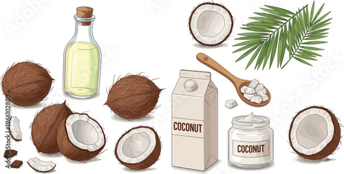 Coconut products set with oil bottle, organic milk carton, cream jar, palm leaves and fresh cracked nuts, hand drawn vector illustration on white.