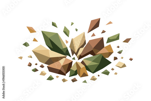 Low-poly vector illustration of fractured prism shards dispersing after the break, angular triangular fragments floating outward