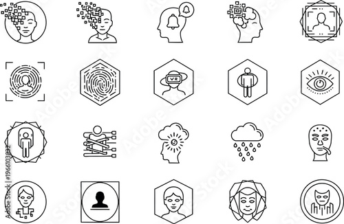 A comprehensive set of outline vector icons depicting human identity, digital transformation, artificial intelligence, and various mental states for modern technology and psychological applications.