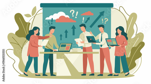 Diverse business team collaborating on strategy and market growth discussion