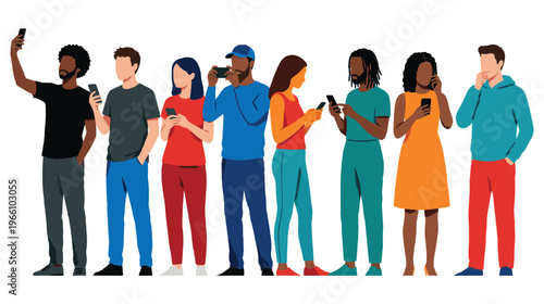 Group of diverse people standing and using smartphones for various activities.