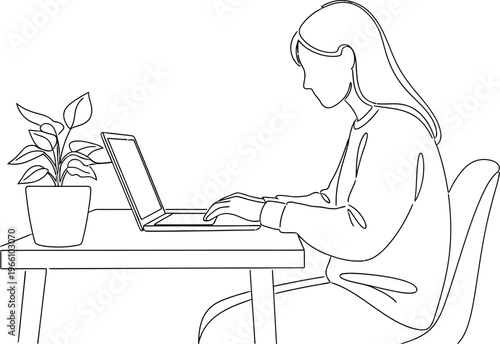 Minimalist line art illustration depicting a young woman diligently working on her laptop at a desk, embodying remote work and digital productivity.