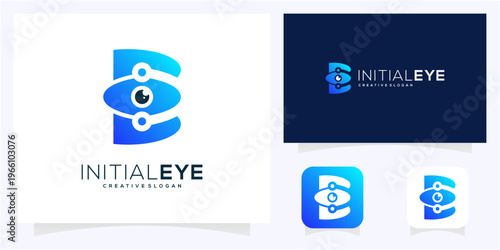 Minimal letter B initial with Eye Tech logo design idea. Abstract vision monogram gradient icon symbol.