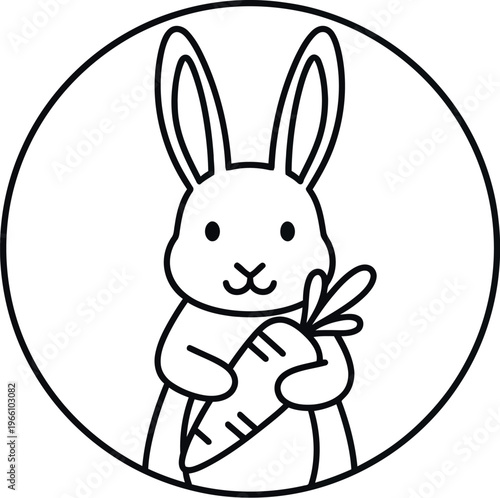 Simple black and white line art drawing of a cute cartoon rabbit holding a large fresh carrot within a circular frame design element.