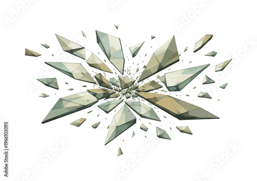 Low-poly vector illustration of glass fragments settling after a rebound shatter, angular triangular shards hovering and drifting