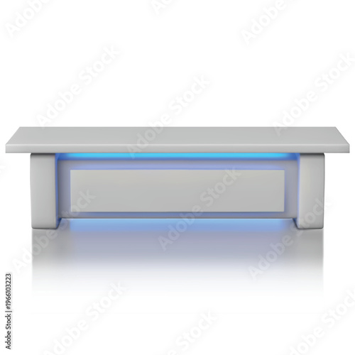Service desk table realistic vector 3D mockup front view, promotional counter, desktop furniture with led illumination