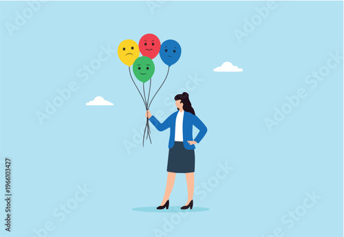 Flat illustration of businesswoman holding balloons with different facial expressions symbolizing emotional diversity mood swings and mental health awareness