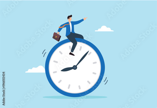 Flat illustration of businessman ride clock time management foresight in managing project deadline opportunity timer countdown progress.