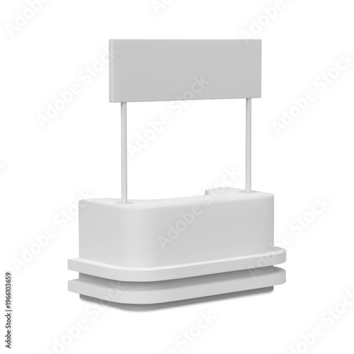 Advertising promo booth stand, service desk vector realistic 3D mockup, marketing kiosk with signboard, marketing rack